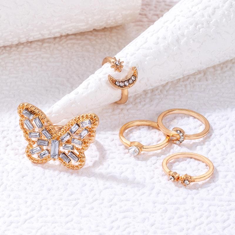 Set Of 5 Alloy Butterfly Star Moon Set Open Rings, Crystal Star Moon Butterfly Knuckle Finger Ring Set, Cartoon Moon Finger Rings Star Heart Jewellery Set Of 5 Alloy Butterfly Star Moon Set Open Rings, Crystal Star Moon Butterfly Knuckle Finger Ring Set, Cartoon Moon Finger Rings Star Heart Jewellery